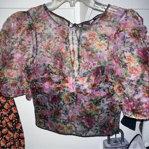 Zara Multicolor Floral Puff Sleeve Blouse